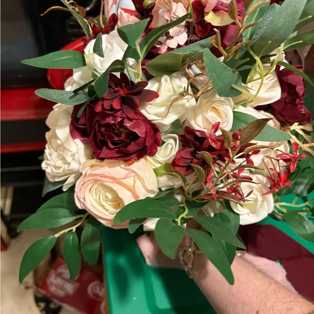 Artificial Rose Bouquet - Cream & Burgundy Floral Arrangement